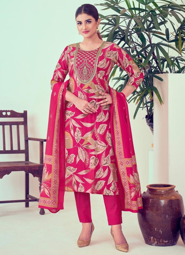 Modal Chanderi Hot Pink Festival Wear Foil Print Readymade Printed Suit